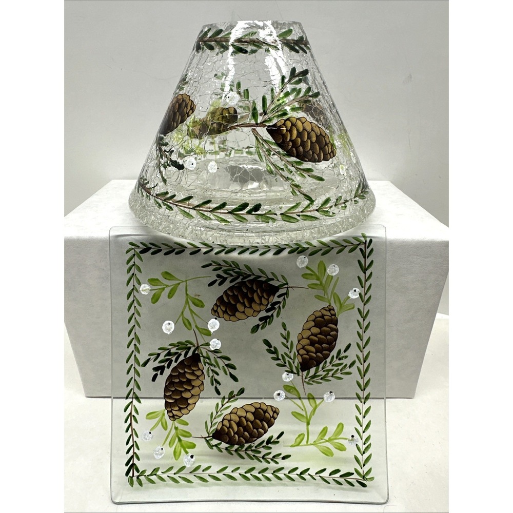 Yankee Candle Crackle Glass Shade Square Plate Set Tray Pinecones Pine Winter